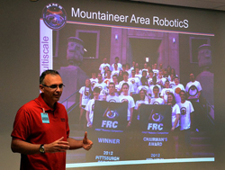 Morgantown West Virginia Area RoboticS (MARS) organization lead Dr. Earl Scime addresses members of the MMS mission Science Working Group at NASA's Goddard Space Flight Center on Sept. 11, 2012.